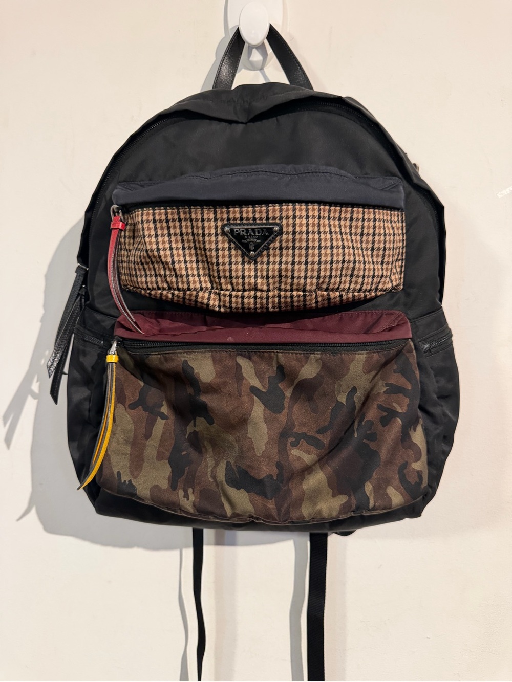 Prada Black Nylon Backpack with Camouflage and Houndstooth Pockets